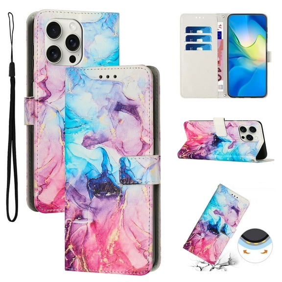 Compatible with iPhone 16 Pro Max Wallet Case for Women with Credit Card Holders, Designed Flip PU Leather Kickstand Shockproof Protective Cover with Wrist Strap for iPhone 16 Pro Max, Pink