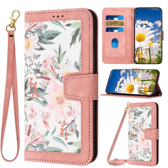 Compatible with iPhone 16 Pro Max Wallet Case for Women, Flower Pattern PU Leather Flip Cover with Card Holder & Kickstand Protective Phone Case with Lanyard & Crossbody Strap, Pink