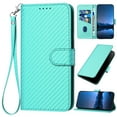 thumbnail image 1 of Compatible with iPhone 16 Pro Max Wallet Case, with Wrist Strap Carbon Fiber Texture PU Leather Flip Card Holder Stand Phone Cover for iPhone 16 Pro Max Women Men, Light Blue, 1 of 9
