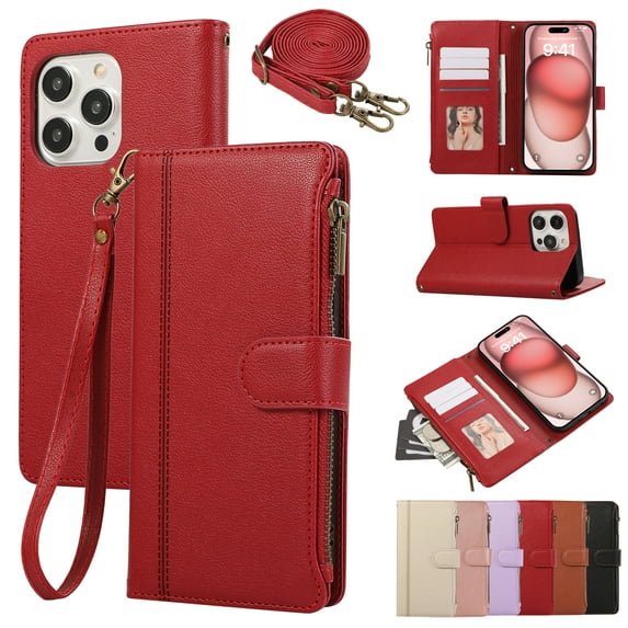 Compatible with iPhone 16 Pro Max Wallet Case and Wrist Strap Protector PU Leather Flip Credit Card Holder Purse Stand Cell Accessories Shockproof Phone Cover for Women Men,Red