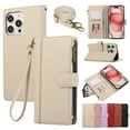 thumbnail image 1 of Compatible with iPhone 16 Pro Max Wallet Case and Wrist Strap Protector PU Leather Flip Credit Card Holder Purse Stand Cell Accessories Shockproof Phone Cover for Women Men,Beige, 1 of 9