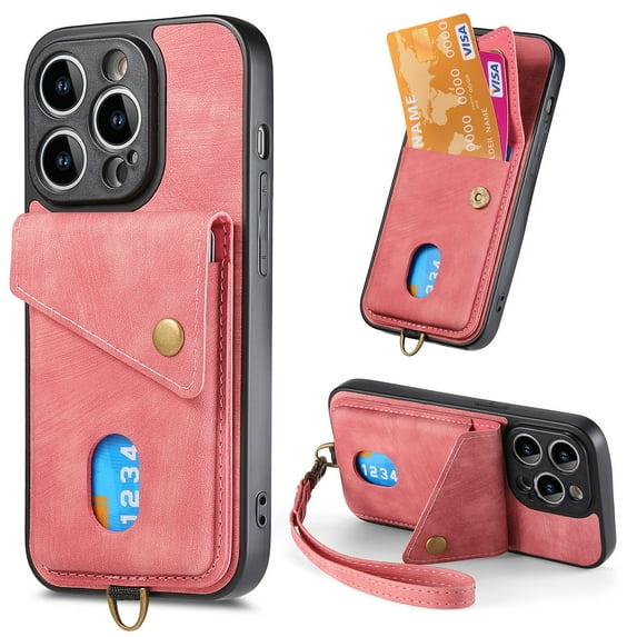 Compatible with iPhone 16 Pro PU Leather Back + TPU Frame Case, Card Slot Magnetic Snap with Removable Wrist Strap Support Magnetic Car Mount Kickstand Cover for iPhone 16 Pro, Pink