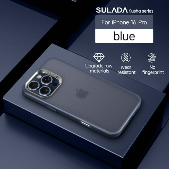 Compatible With iPhone 16 Pro Phone Case,Frosted Translucent,Metal Button Design,Shockproof Rugged Drop-proof Anti-fall Ultra Slim Thin Fit Phone Case Cover For iPhone 16 Pro,Darkblue