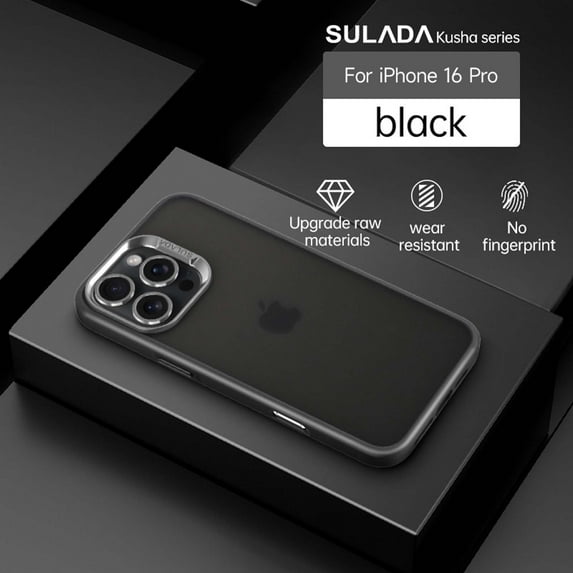Compatible With iPhone 16 Pro Phone Case,Frosted Translucent,Metal Button Design,Shockproof Rugged Drop-proof Anti-fall Ultra Slim Thin Fit Phone Case Cover For iPhone 16 Pro,Black