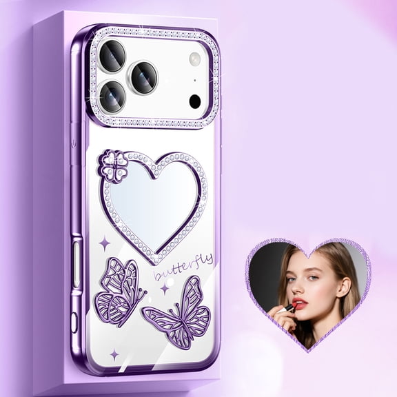 Compatible with iPhone 16 Pro Phone Case,Luxury Cute Diamond Heart Makeup Mirror Back,Bling Sparkly Rhinestones Lens Ring,Plating Butterfly,Shockproof Anti-fall Thin Fit Phone Case,Purple