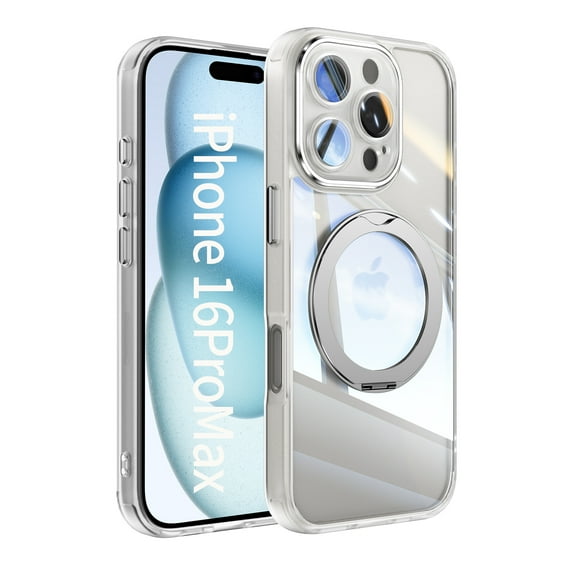 Compatible for iPhone 16 Pro Phone Case with Stand, Rotatable Ring Holder Kickstand Rugged Shockproof Protective Cover Case with Camera Lens Protector for iPhone 16 Pro, White