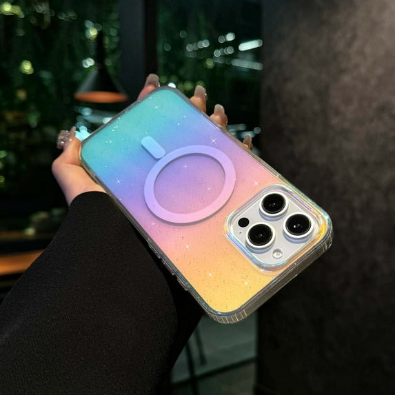 Compatible With iPhone 16 Pro Transparent Colored Plating Magnetic Case, Luxury Bling Glitter Protective Bumper Hard PC &TPU Shockproof Anti-fall Rugged Phone Cover Case for Women Girl,C