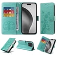 thumbnail image 1 of Compatible with iPhone 16 Pro Wallet Case with Card Holder & Cash Slot [RFID Blocking],Wallet Wristlet Pressed Butterfly Flower PU Leather Magnetic Flip Folio Cover for Women Men,Green, 1 of 10