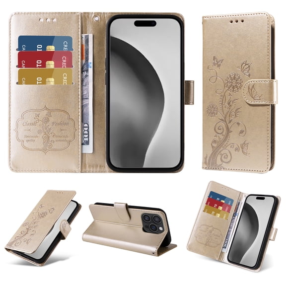 Compatible with iPhone 16 Pro Wallet Case with Card Holder & Cash Slot [RFID Blocking],Wallet Wristlet Pressed Butterfly Flower PU Leather Magnetic Flip Folio Cover for Women Men,Gold