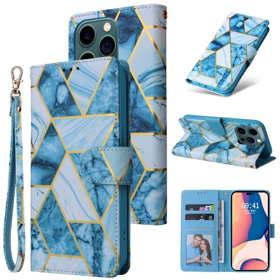 Compatible with iPhone 16 Pro Wallet Case, Marble Pattern PU Leather Flip Cover with Card Holder Kickstand, Shockproof Protective Phone Case for iPhone 16 Pro, Blue
