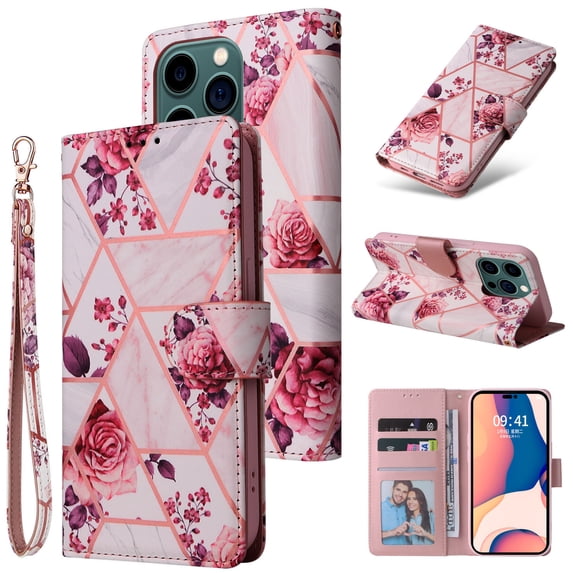 Compatible with iPhone 16 Pro Wallet Case, Marble Pattern PU Leather Flip Cover with Card Holder Kickstand, Shockproof Protective Phone Case for iPhone 16 Pro, Rosegold