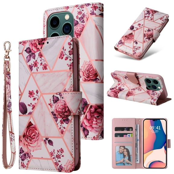 Compatible with iPhone 16 Pro Wallet Case, Marble Pattern PU Leather Flip Cover with Card Holder Kickstand, Shockproof Protective Phone Case for iPhone 16 Pro, Rosegold