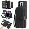 thumbnail image 1 of Compatible with iPhone 16 Pro Wallet Case,Multi-Function Detachable 2 in 1 Magnetic,Flip Kickstand Strap Zipper Pocket Cash Slot Card Holder Purse Phone Case with Wrist Strap,Black, 1 of 8