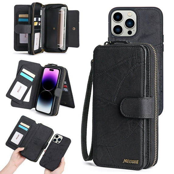 Compatible with iPhone 16 Pro Wallet Case,Multi-Function Detachable 2 in 1 Magnetic,Flip Kickstand Strap Zipper Pocket Cash Slot Card Holder Purse Phone Case with Wrist Strap,Black
