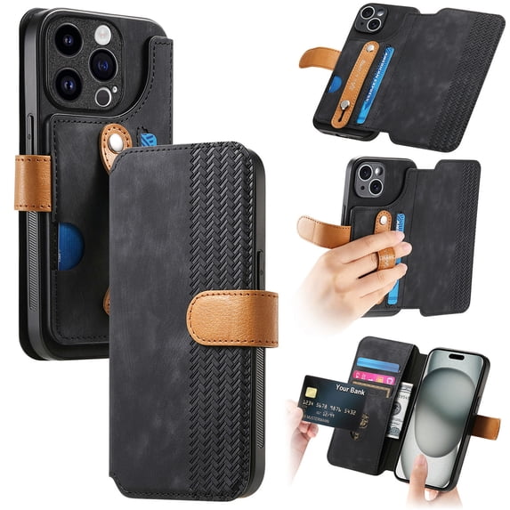 Compatible with iPhone 16 Pro Wallet Case with RFID Blocking Card Holder Fashion PU Leather Contractible Wrist Kickstand Shockproof Anti-fall Flip Phone Case Cover For iPhone 16 Pro,Black