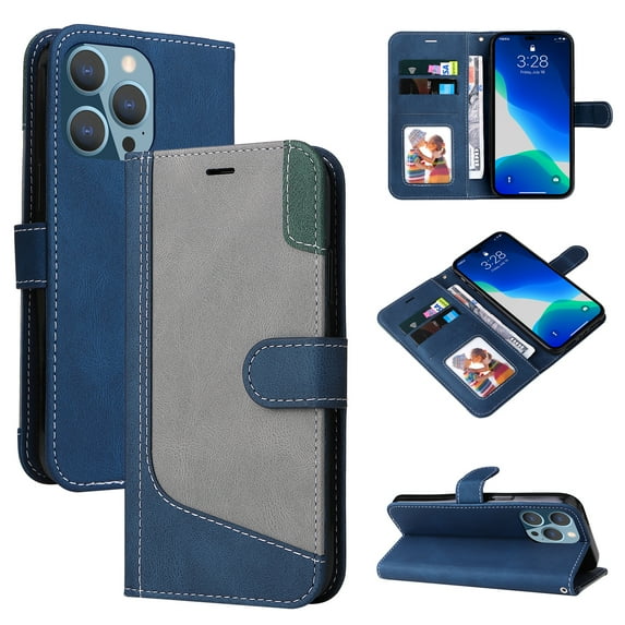 Compatible with iPhone 16 Pro Wallet Case, Shockproof Flip Folio Leather Wallet Cover with Card Slots Invisible Kickstand with wrist Strap Case Cover for iPhone 16 Pro, Blue