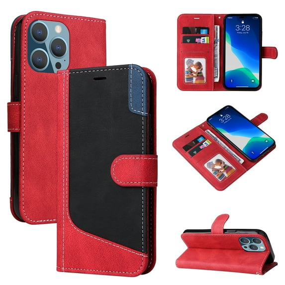 Compatible with iPhone 16 Pro Wallet Case, Shockproof Flip Folio Leather Wallet Cover with Card Slots Invisible Kickstand with wrist Strap Case Cover for iPhone 16 Pro, Red