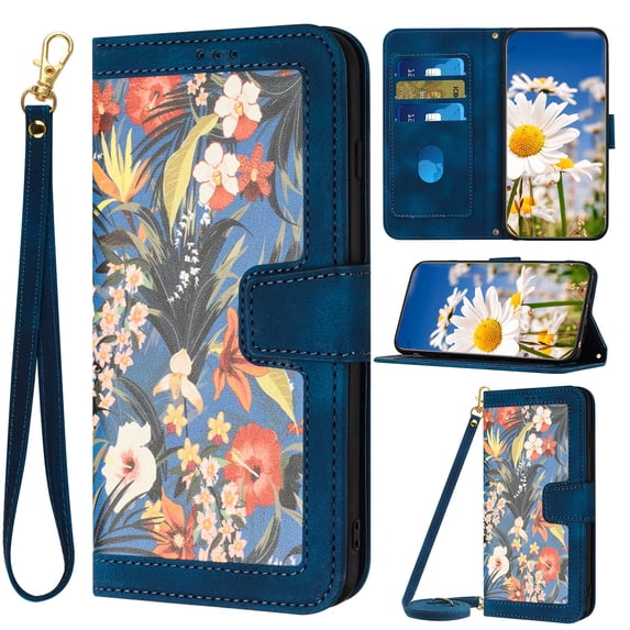 Compatible with iPhone 16 Pro Wallet Case for Women, Flower Pattern PU Leather Flip Cover with Card Holder & Kickstand Protective Phone Case with Lanyard & Crossbody Strap, Darkblue