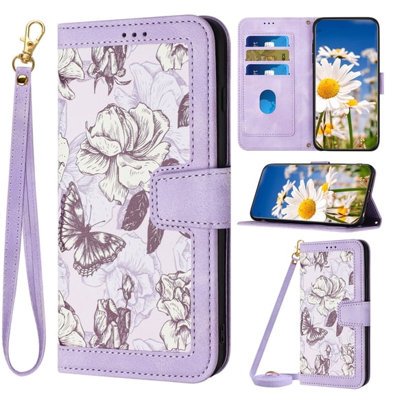 Compatible with iPhone 16 Pro Wallet Case for Women, Flower Pattern PU Leather Flip Cover with Card Holder & Kickstand Protective Phone Case with Lanyard & Crossbody Strap, Purple