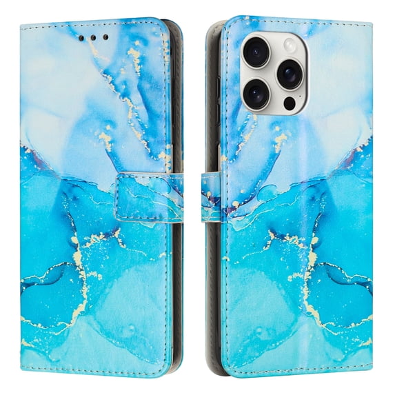 Compatible for iPhone 16 Pro Wallet Case for Women Girls, Marble Pattern PU Leather Flip Cover with Card Holder Kickstand Strap, Shockproof Protective Phone Case for iPhone 16 Pro, Blue