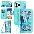 thumbnail image 1 of Compatible with iPhone 16 Pro Wallet Case for Women, Shoulder Strap + Wristband Premium PU Leather Floral Flip Cover with Card Holder Kickstand Feature Protective Purse Case, Green, 1 of 9