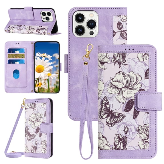 Compatible with iPhone 16 Pro Wallet Case for Women, Shoulder Strap + Wristband Premium PU Leather Floral Flip Cover with Card Holder Kickstand Feature Protective Purse Case, Purple