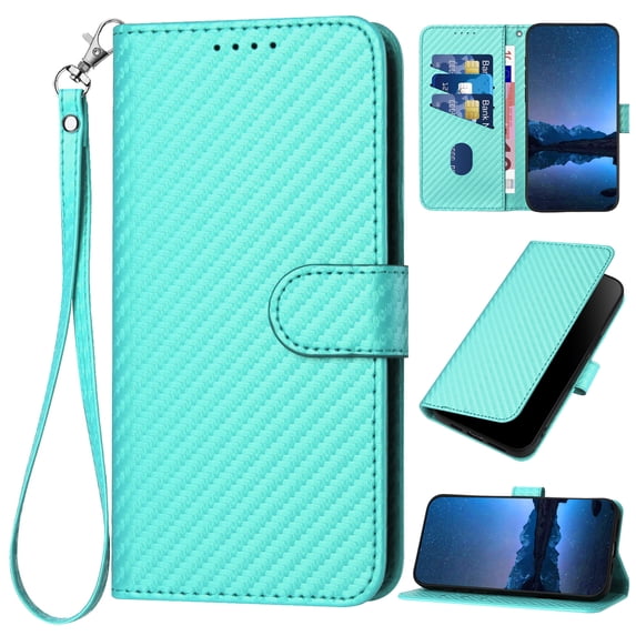 Compatible with iPhone 16 Pro Wallet Case, with Wrist Strap Carbon Fiber Texture PU Leather Flip Card Holder Stand Phone Cover for iPhone 16 Pro Women Men, Light Blue