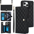 thumbnail image 1 of Compatible with iPhone 16 Pro Wallet Case Wrist Strap + Crossbody Strap, PU Leather Multifunctional Card Slots Stand Rugged Cell Phone Cover for iPhone 16 Pro Women Girls, Black, 1 of 9