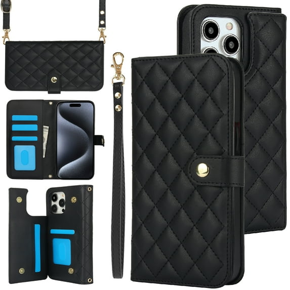 Compatible with iPhone 16 Pro Wallet Case Wrist Strap + Crossbody Strap, PU Leather Multifunctional Card Slots Stand Rugged Cell Phone Cover for iPhone 16 Pro Women Girls, Black