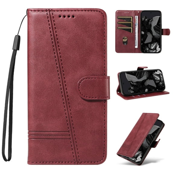 Compatible with iPhone 16 Pro Wallet Case, with Wrist Strap Lanyard and PU Leather Flip Card Holder Stand Cell Accessories Mobile Phone Cover for iPhone 16 Pro for Men Women, Winered