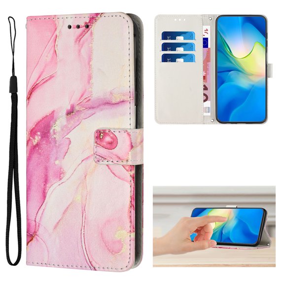 Compatible for iPhone 16 Pro Wallet Case, iPhone 16 Pro Wallet Case[Stand Feature] [Wrist Strap] [Credit Cards Holder] New Marble Pattern Premium PU Leather Flip Protective Cover,Rosegold