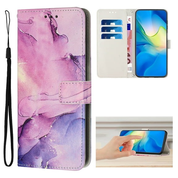 Compatible for iPhone 16 Pro Wallet Case, iPhone 16 Pro Wallet Case[Stand Feature] [Wrist Strap] [Credit Cards Holder] New Marble Pattern Premium PU Leather Flip Protective Cover,Purple
