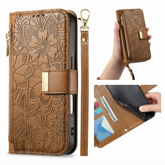 Compatible with iPhone 16 Pro Wallet Phone Case,With Shoulder Strap&Wrist Strap,Zipper Pocket,Card Slots,Flip Folio Kickstand,Flower&Leaf Emboss PU Leather Shockproof Phone Case,Brown