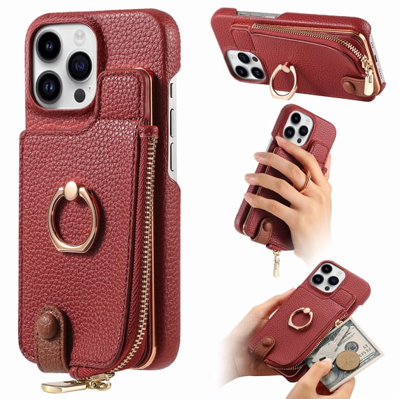 Compatible for iPhone 16 Pro Zipper Wallet Case with Card Holder, Rotation Ring Kickstand Case, PU Leather Card Slots RFID Blocking Protection Phone Case Shockproof Cover, Red