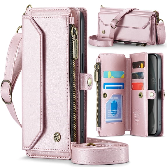 Compatible with iPhone 16 Rugged PU Leather Wallet Case, Card Slots Zipper Pocket Lanyard Crossbody Strap Kickstand RFID Blocking Full Body Protection Cover for iPhone 16, Pink