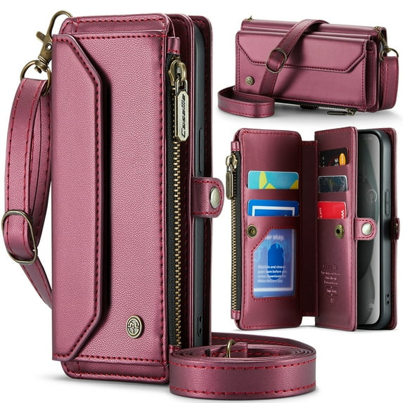 Compatible with iPhone 16 Rugged PU Leather Wallet Case, Card Slots Zipper Pocket Lanyard Crossbody Strap Kickstand RFID Blocking Full Body Protection Cover for iPhone 16, Winered