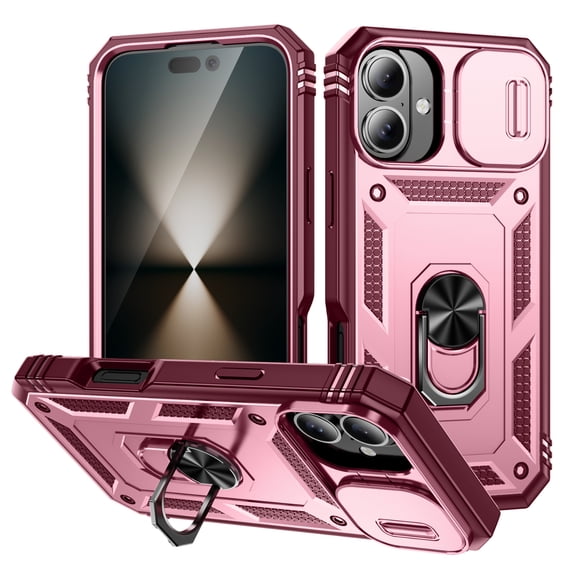 Compatible with iPhone 16 with Sliding Cover Lens Protection & Kickstand, Built-in 360° Rotate Ring Stand Magnetic Card Slot Hybrid Cover Case for iPhone 16, Pink+Red