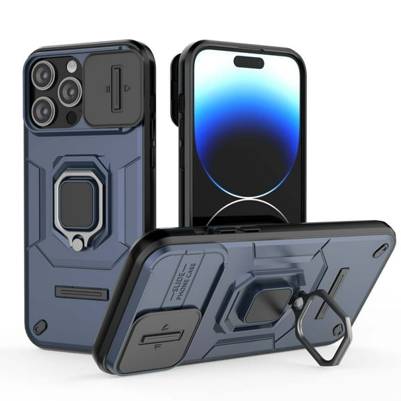 Compatible with iPhone 16 Stand Case with Slide Camera Cover Military Grade Heavy Duty Rugged Anti-fall Shockproof Protection Built-in Ring Kickstand Hard Back Case Cover,Blue