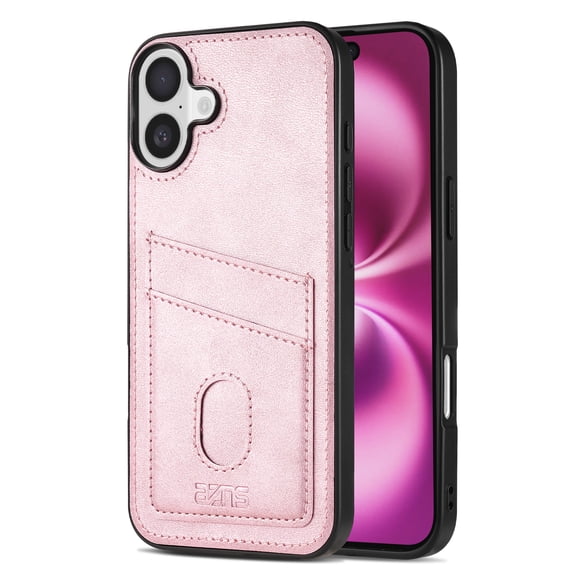 Compatible with iPhone 16 Thin and Light Case, Classic PU Leather Credit Card Slot Holder Wallet Shockproof Protective Anti-drop Cover Business Phone Case for iPhone 16, Pink