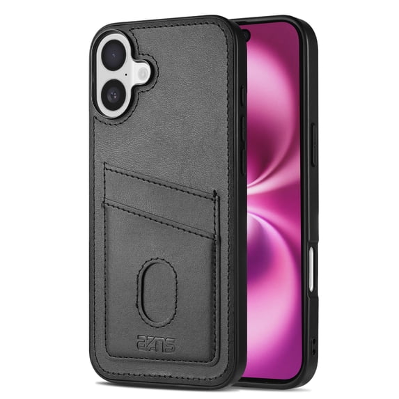 Compatible with iPhone 16 Thin and Light Case, Classic PU Leather Credit Card Slot Holder Wallet Shockproof Protective Anti-drop Cover Business Phone Case for iPhone 16, Black