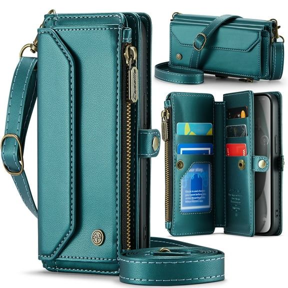Compatible with iPhone 16 Wallet Case, 10 Card Slots & 1 Zipper Coin Pocket & 1 Cash Slot & 1 Cash Pocket & Lanyard & Crossbody Strap & Kickstand & RFID Blocking Phone Case, Green