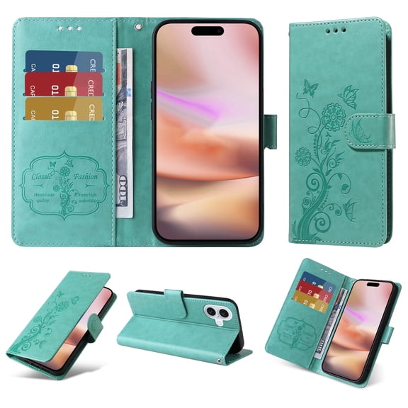 Compatible with iPhone 16 Wallet Case with Card Holder & Cash Slot [RFID Blocking],Wallet Wristlet Pressed Butterfly Flower PU Leather Magnetic Flip Folio Cover for Women Men,Green
