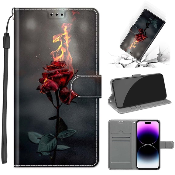 Compatible with iPhone 16 Wallet Case with Card Holder, Flip Pattern Painted PU Leather Kickstand Wrist Strap Shockproof Phone Case for iPhone 16, Fire Rose