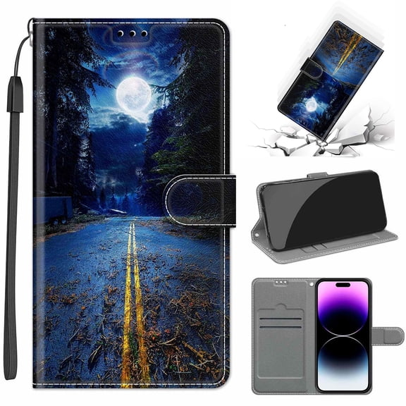 Compatible with iPhone 16 Wallet Case with Card Holder, Flip Pattern Painted PU Leather Kickstand Wrist Strap Shockproof Phone Case for iPhone 16, Night Road + Moon