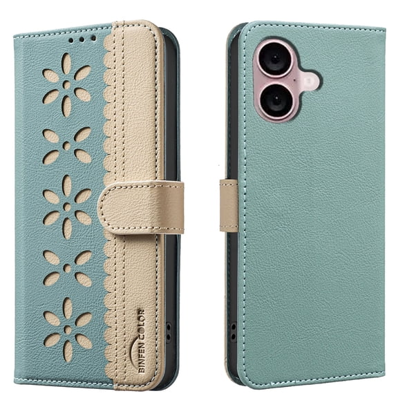 Compatible with iPhone 16 Wallet Case with Card Holder, Premium PU Leather Floral Design Flip Cover with Kickstand Magnetic Closure, RFID Blocking Phone Case for iPhone 16, Green