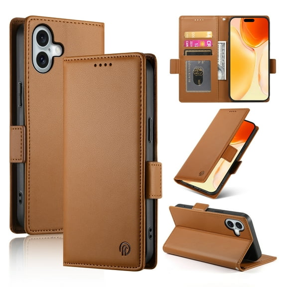 Compatible with iPhone 16 Wallet Case, Classic PU Leather Flip Folio Case with Card Holders Kickstand [Shockproof TPU Inner Shell] Phone Cover for iPhone 16, Brown