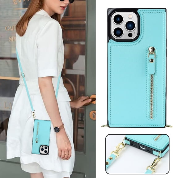 Compatible for iPhone 16 Wallet Case with Crossbody Shoulder Strap Card Slots Holder Cover, Zipper PU Leather Magnetic Kickstand Shockproof Protective Phone Case, Green