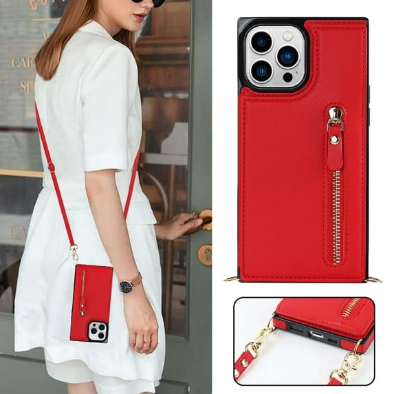Compatible for iPhone 16 Wallet Case with Crossbody Shoulder Strap Card Slots Holder Cover, Zipper PU Leather Magnetic Kickstand Shockproof Protective Phone Case, Red