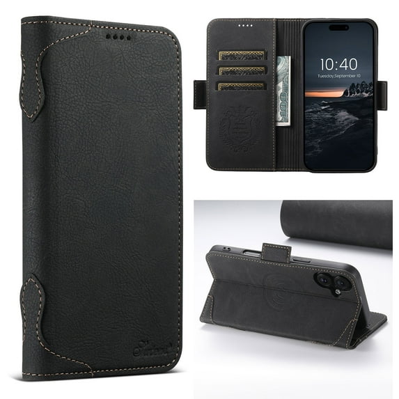 Compatible with iPhone 16, Wallet Case with Magsafe PU Leather Card Slots & Cash Pocket Magnetic Closure Kickstand Function Flip Phone Case Cover for iPhone 16, Black