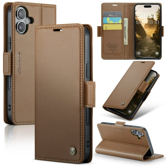 Compatible with iPhone 16 Wallet Case, PU Leather Flip Case with Card Holders RFID Blocking Stand [Shockproof TPU Inner Shell] Phone Cover for iPhone 16, Brown